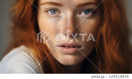 Ginger-Haired Beauty Model with Freckles Portrait. Generative ai Ginger-Haired Beauty Model with Freckles Portrait. Generative ai 129519834