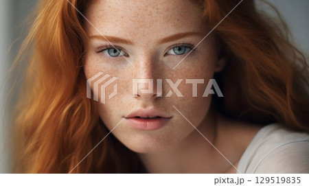 Ginger-Haired Beauty Model with Freckles Portrait. Generative ai Ginger-Haired Beauty Model with Freckles Portrait. Generative ai 129519835