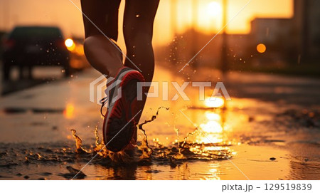 Evening Run Resilience: Woman in Sports Shoes Jogging Through Sunset Puddles. Generative ai 129519839
