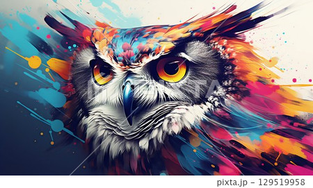 Mystical Vision: Abstract Owl Portrait with Colorful Double Exposure Paint. Generative ai 129519958