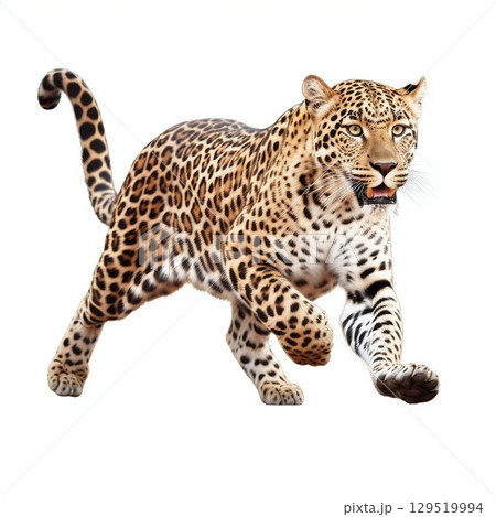 Swift Beauty: Leopard in Full Sprint Isolated on White Background. Generative ai 129519994