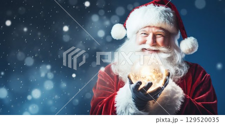 Jolly Santa: Holding a Glowing Christmas Ball over a Dreamy Blue Background. Generative ai Jolly Santa: Holding a Glowing Christmas Ball over a Dreamy Blue Background. Generative ai 129520035