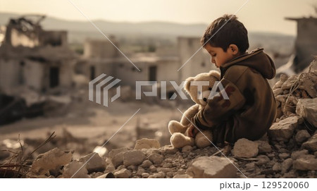 Resilience Amid Ruins: Little Palestinian Boy with Teddy Bear on House Remnants. Generative ai 129520060