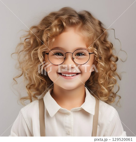 Joyful Charm: Smiling Little Girl with Curly Blond Hair and Big Eyeglasses. Generative ai 129520061