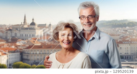 Senior Couple Smiling in Front of European City: Cherished Moments Together. Generative ai 129520139