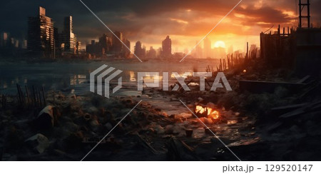Ruins of Tomorrow: A Post-Apocalyptic City in Desolation. Generative ai 129520147