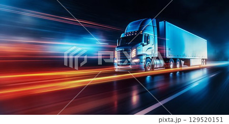 Nighttime Truck Motion Blur and Light Trails on Road. Generative ai 129520151