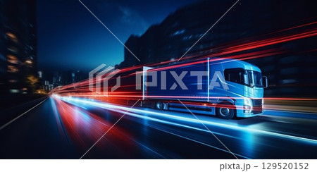 Nighttime Truck Motion Blur and Light Trails on Road. Generative ai 129520152