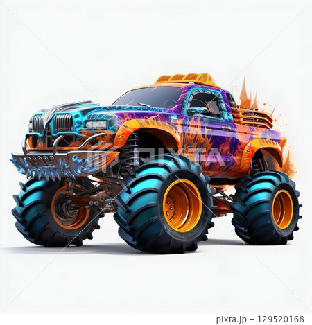 Giant on Wheels: Monster Truck Isolated on White Background. Generative ai Giant on Wheels: Monster Truck Isolated on White Background. Generative ai 129520168