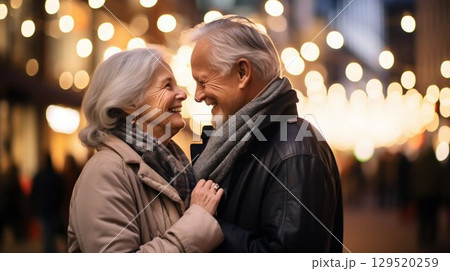 Elderly Couple Embracing in City Street: A Lifetime of Love and Joy. Generative ai Elderly Couple Embracing in City Street: A Lifetime of Love and Joy. Generative ai 129520259