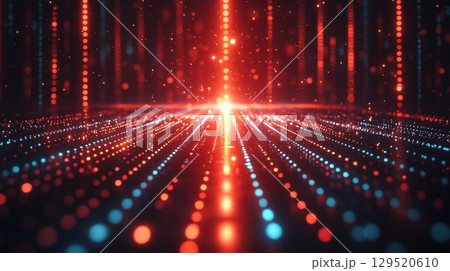 Futuristic Abstract Digital Landscape Featuring Glowing Particles Displaying Shades of Red and Blue Colors 129520610