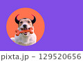 Halloween dog portrait with devil horns and toy bone against bright solid color background 129520656