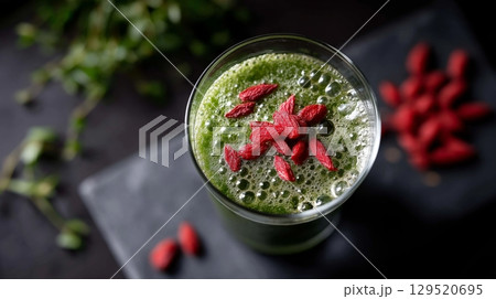 smoothie glass with spirulina and goji berries swirling inside like a magical potion 129520695
