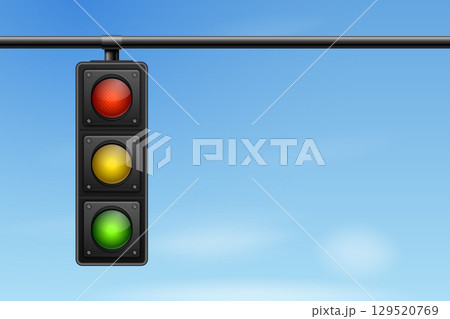 Vector 3d Traffic Light with Red Yellow Green Signals. Urban Traffic Light Hanging on Pole. Realistic Traffic Light for Road Safety, City Transportation Rules and Driving Education Concept 129520769