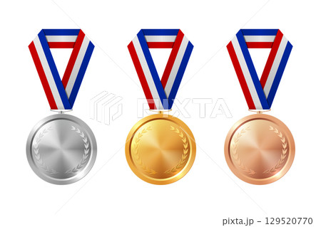 Golden, Silver, Bronze Medal Set Realistic Vector Icons with Blue, White and Red Ribbon. Winner Award, Achievement Badge, Prize Ceremony, Sport Competition Trophy, Champion Symbol Isolated on White Golden, Silver, Bronze Medal Set Realistic Vector Icons with Blue, White and Red Ribbon. Winner Award, Achievement Badge, Prize Ceremony, Sport Competition Trophy, Champion Symbol Isolated on White 129520770