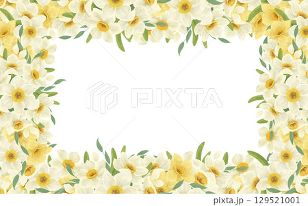A floral banner frame made from a bouquet of white daffodils, leaves, composition, handmade digital illustration on a white background. An element for the design A floral banner frame made from a bouquet of white daffodils, leaves, composition, handmade digital illustration on a white background. An element for the design 129521001