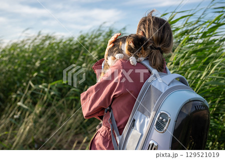 Scared eyes closed cat burrows into woman shoulders, protectively embrace pet in grass field Scared eyes closed cat burrows into woman shoulders, protectively embrace pet in grass field 129521019