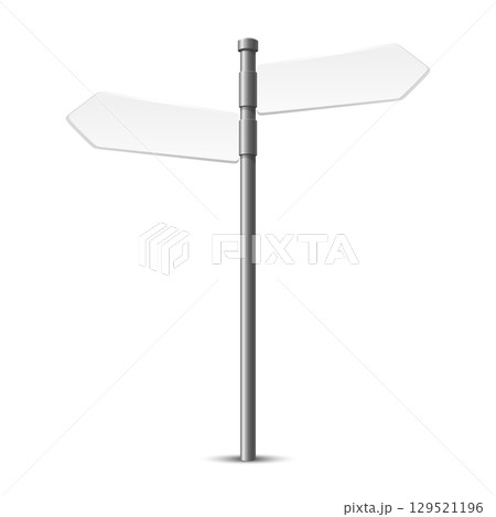 Vector Blank Road Sign Post with Two Empty Directional Arrows, Isolated. Street Signage Template. Empty Guidepost for Navigation. Direction Board for Text, Message, Vector Illustration 129521196