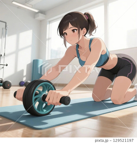 ジムで腹筋ローラーを使ってトレーニングする若い女性 129521197