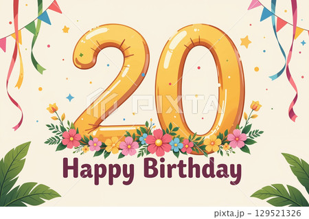 Golden balloons and flowers celebrate 20th birthday. 129521326