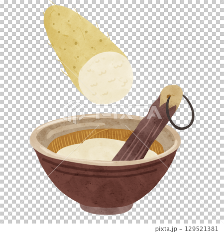Mortar and pestle with grated yam - watercolor hand-drawn illustration 129521381