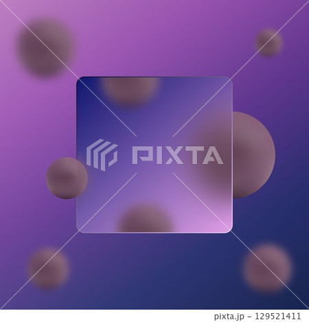 Abstract gradient background in purple shades with a transparent frame and 3D spheres. Abstract gradient background in purple shades with a transparent frame and 3D spheres. 129521411