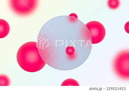 Vibrant abstract composition with crimson spheres and a transparent circle on a light background. 129521423