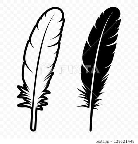 Vector Black and White Fluffy Feather Logo Icons. Silhouette Feather Set Closeup Isolated. Design Template of Flamingo, Angel, Bird Feather. Lightness and Freedom Concept 129521449