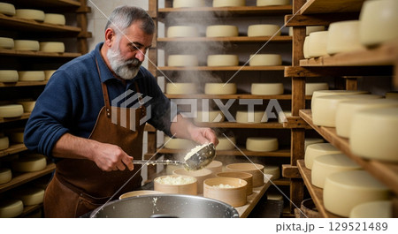 In a rustic cheese workshop, a traditional cheesemaker carefully ladles warm curds into wooden molds to create Adyghe cheese. The atmosphere is rich with the scent of dairy. 129521489