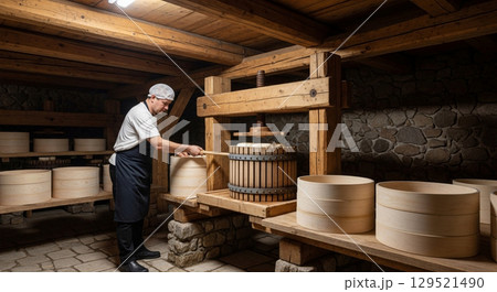 A traditional wooden cheese press is actively applying pressure to molds of Adyghe cheese in a rustic cellar, showcasing the artisanal cheese-making process in a calm environment. 129521490