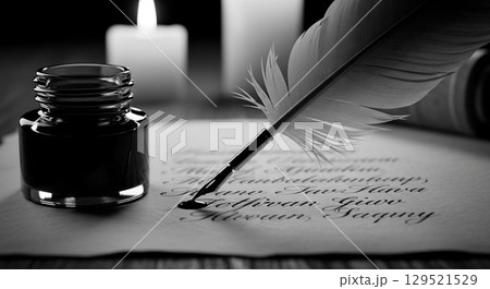A close up captures a quill pen dipped in ink, suspended above a thick parchment with a few written lines, illuminated softly by candlelight. The moment reflects historical writing practices. 129521529