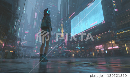 近未来の高層都市を背景に都会的なライフスタイルを送る若者の現代的で洗練された風景 129521820