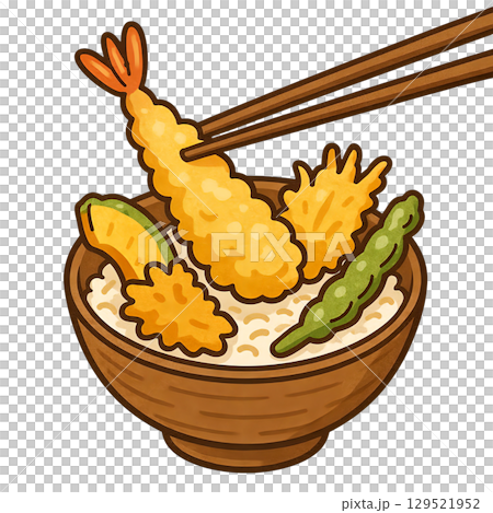Cutout illustration of a tempura bowl being held up with chopsticks 129521952