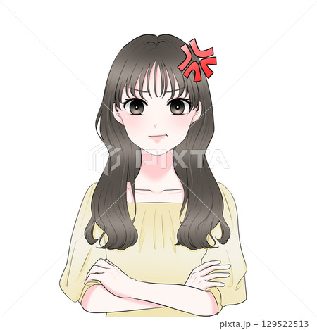 腕を組み怒る女性の上半身イラスト 腕を組み怒る女性の上半身イラスト 129522513