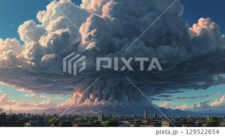 青空の静寂に忍び寄る前触れ - 地震雲の出現を描いた幻想風景 青空の静寂に忍び寄る前触れ - 地震雲の出現を描いた幻想風景 129522654