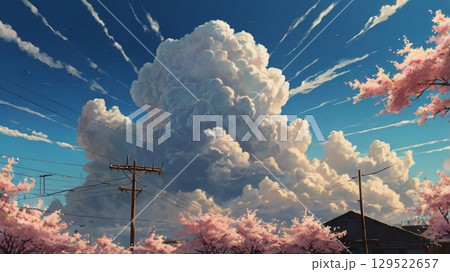 青空の静寂に忍び寄る前触れ - 地震雲の出現を描いた幻想風景 青空の静寂に忍び寄る前触れ - 地震雲の出現を描いた幻想風景 129522657