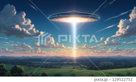 幻想的な空を滑空する謎の飛行物体と光の彼方の世界 129522752