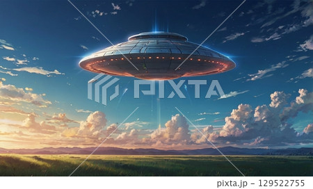 幻想的な空を滑空する謎の飛行物体と光の彼方の世界 129522755