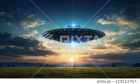 幻想的な空を滑空する謎の飛行物体と光の彼方の世界 129522767