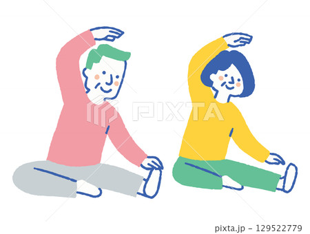 室内で柔軟体操をする高齢夫婦_色 室内で柔軟体操をする高齢夫婦_色 129522779