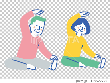 室内で柔軟体操をする高齢夫婦_色 室内で柔軟体操をする高齢夫婦_色 129522779