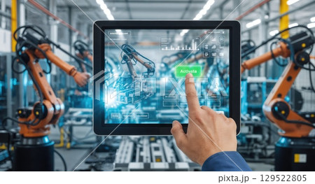 A worker interacts with a touchscreen interface...のイラスト素材 [129522805 ...