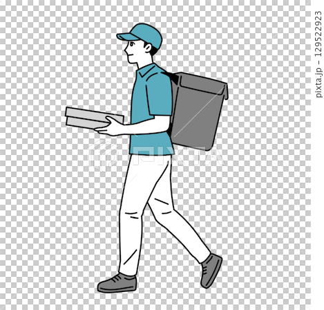 歩いている男性のフード配達員のイラスト 129522923