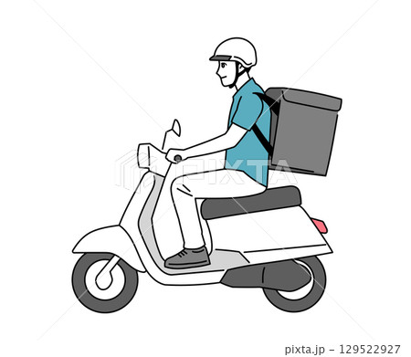 原付きで走っている男性のフード配達員のイラスト 129522927