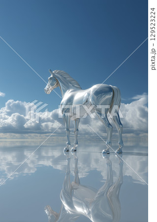 空と雲を映すメタリックホース｜未来的な幻想世界のコンセプトアート 129523224