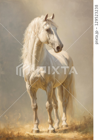 写実的な白馬のポートレート｜気品と優雅さを描いたアニマルアート 129523238