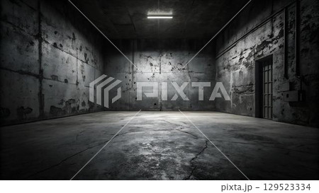 The image shows a stark, empty room with concrete walls and floor, lit by a single fluorescent 129523334