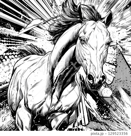 疾走する馬のモノクロ漫画イラスト｜迫力とスピード感を描く筆致表現の