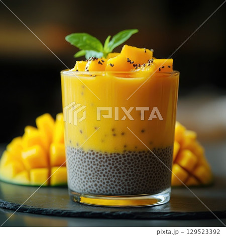 A delicious chia seed pudding layered with smooth mango puree is beautifully presented in a transparent glass. Fresh mango chunks are placed on top, enhancing its tropical appeal. 129523392
