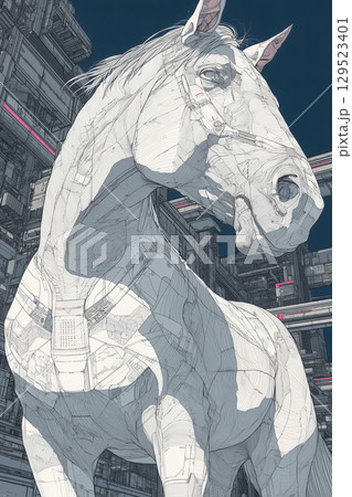 近未来都市に立つ白馬のアート｜SFとファンタジーが融合した幻想世界 129523401